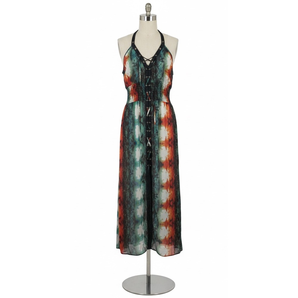 Hot Swag Maxi Dress Snake Print Halter Lace Up Smocked Waist Multicolor XL